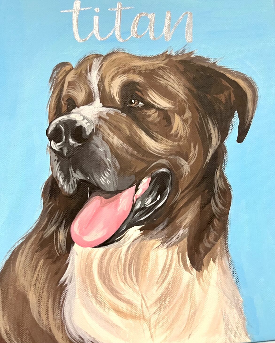 Retrato pintado de un perro café de pelo largo