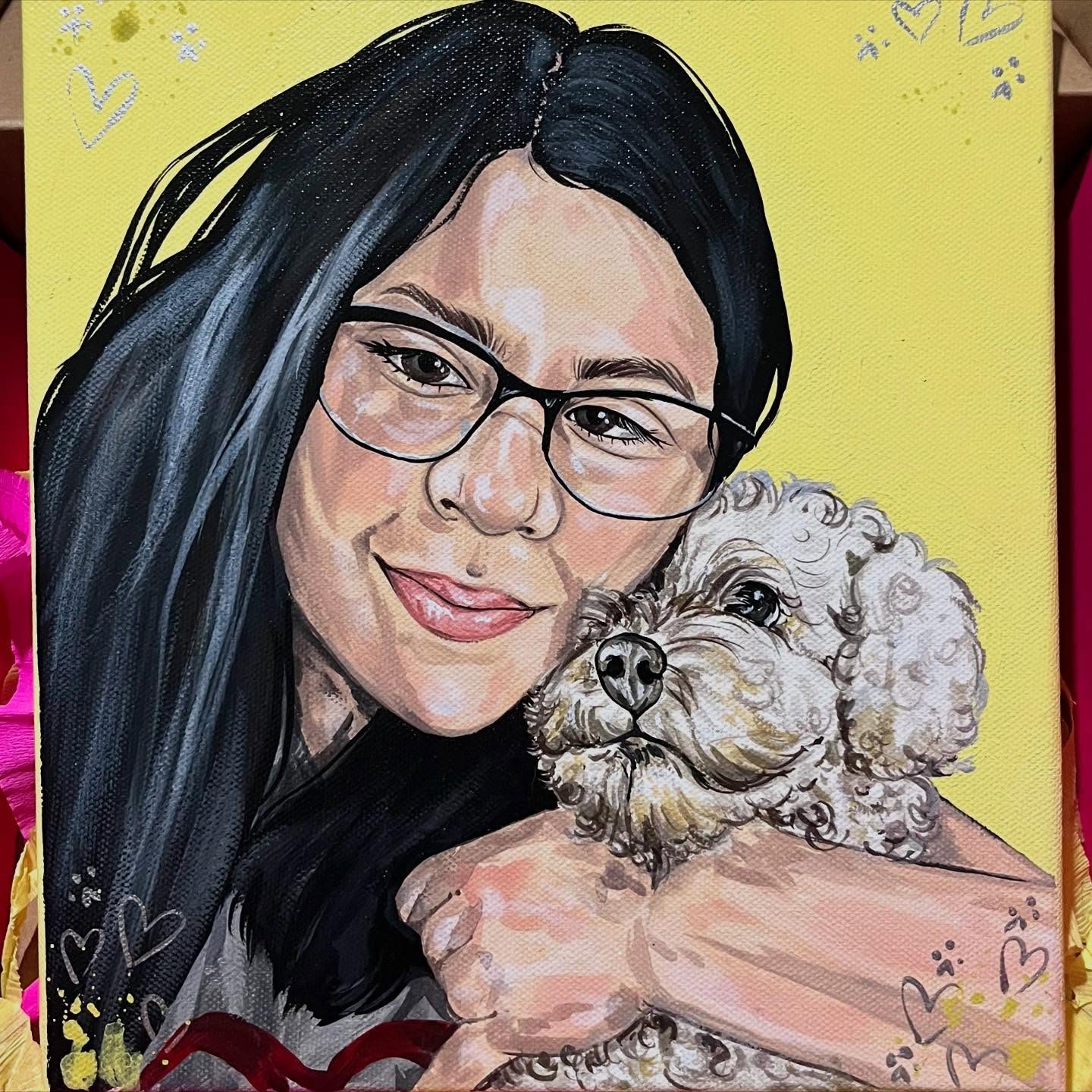Retrato pintado de una mujer abrazando a su perrito