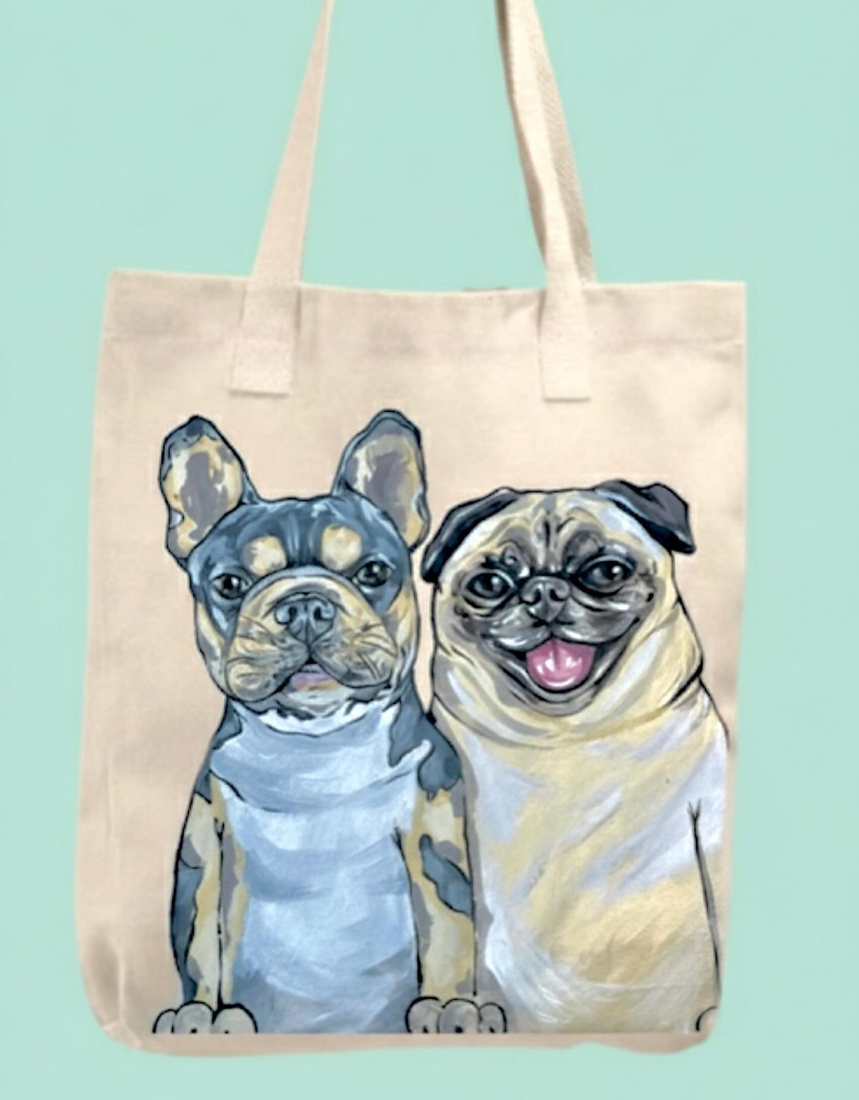 Tote bag pintada a mano con dos bulldogs